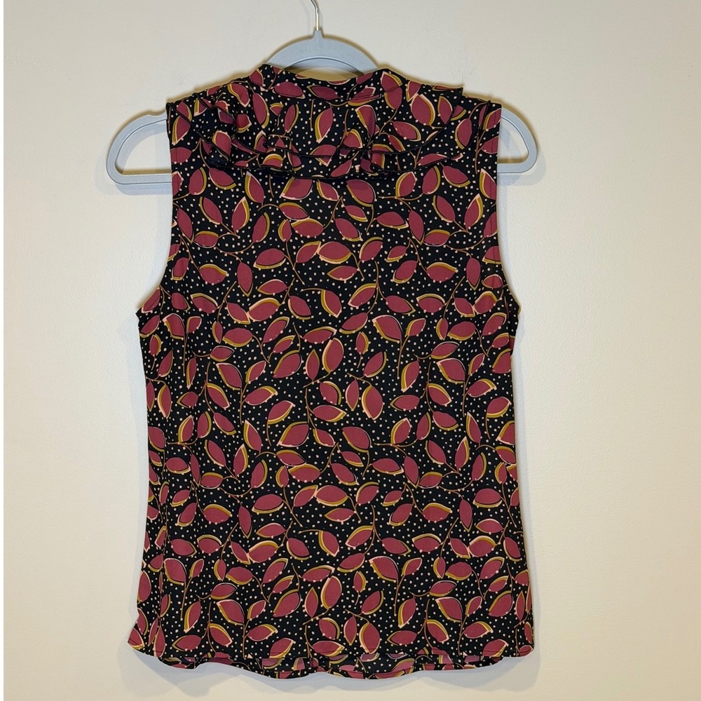 Cabi Womens Blouse Burgundy Black Leaf Small Ruffle V-Neck‎ Sleeveless Casual - Picture 5 of 7
